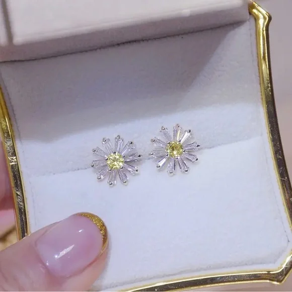 Yellow and White Round Crystal Sunflower 925 Sterling Overlay Earrings - Picture 5 of 7